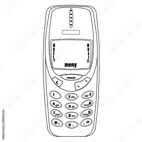 An old-style mobile phone with buttons and no antenna. Black and white outline. vector illustration