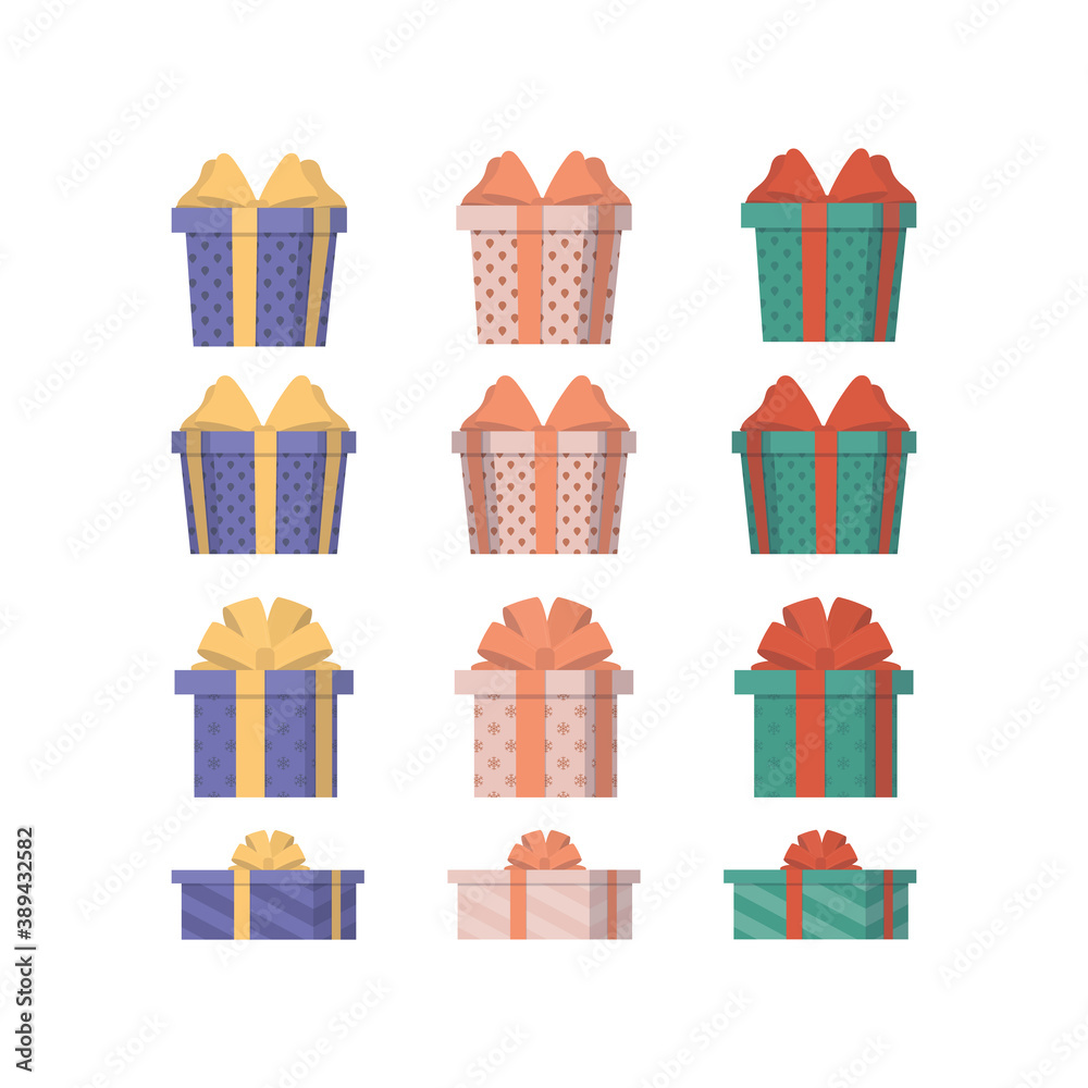 Set of multi-colored gifts in a flat style. Gift boxes. Suitable for designs on the theme of New Year, birthday or Valentine's Day. Isolated. Vector.