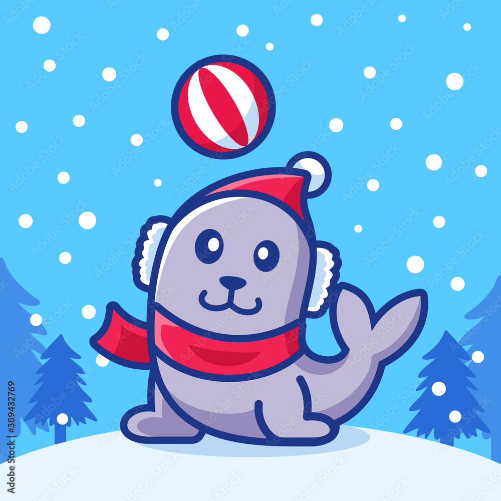 cartoon seals playing in winter season