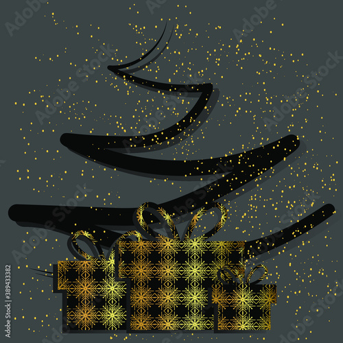 Vector illustration. Christmas and New Year modern minimalistic background. Abstract linear Christmas tree, snow, gift boxes.