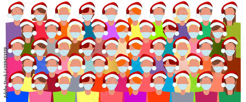 A crowd of people in an antiviral mask. Novel coronavirus (2019-nCoV). People in masks and Christmas hats. The concept of keeping quarantine during big holidays such as New Years and Christmas.