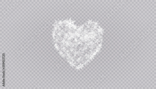 Heart shaped snowflakes in a flat style in continuous drawing lines. Trace of white dust. Magic abstract background isolated on on transparent background. Miracle and magic. Vector illustration flat
