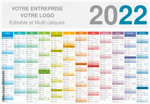 Calendrier 2022 12 mois au format 650 x 450 mm entièrement modifiable via calques et texte arial	