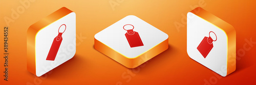 Isometric Rectangular key chain with ring for key icon isolated on orange background. Orange square button. Vector.