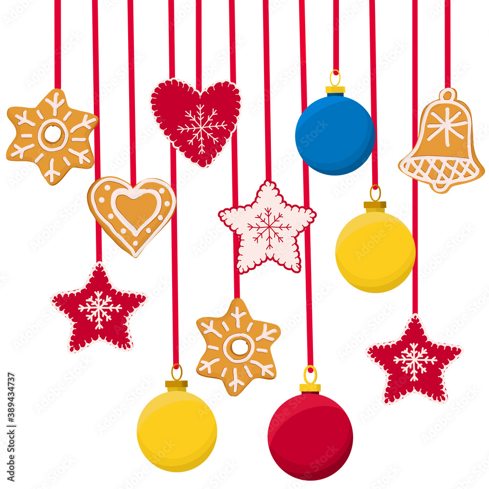 Christmas garland of homemade holiday cookies, Christmas tree toys and soft toys in the form of hearts and stars on a white background.