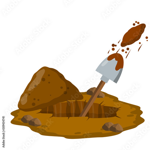 Digging a hole. Shovel and dry brown earth. Grave and excavation. Cartoon flat illustration in white background. Funeral in desert. Pile dirt and stones