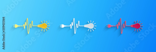 Paper cut Wire plug and light bulb icon isolated on blue background. Plug, lamp and cord in the form of heartbeat. Concept of Electricity and lighting. Paper art style. Vector.