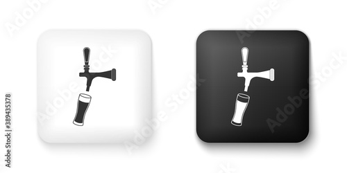 Black and white Beer tap with glass icon isolated on white background. Square button. Vector.