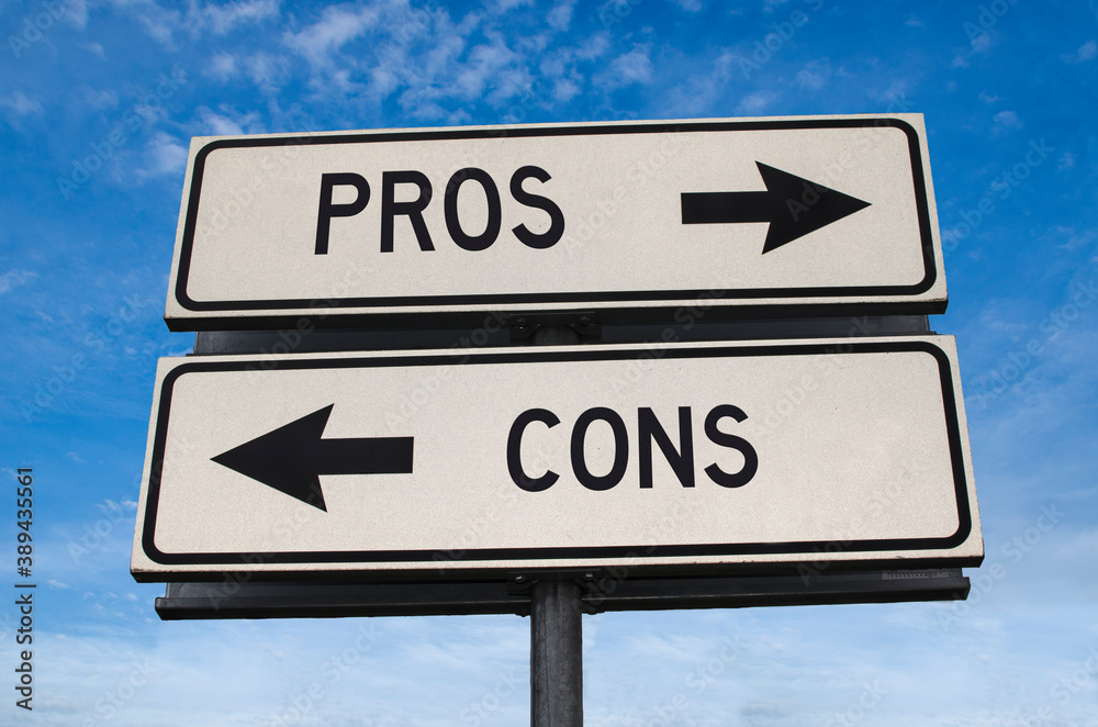 Pros and cons road sign, arrow on blue sky background. One way blank road sign with copy space. Arrow on a pole pointing in one direction.