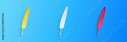 Paper cut Feather pen icon isolated on blue background. Paper art style. Vector.