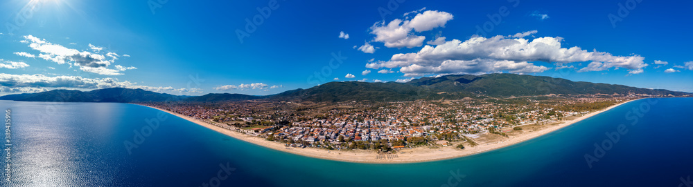 Aerial drone panorama of Asprovalta city and blue sea in Halkidiki, Greece