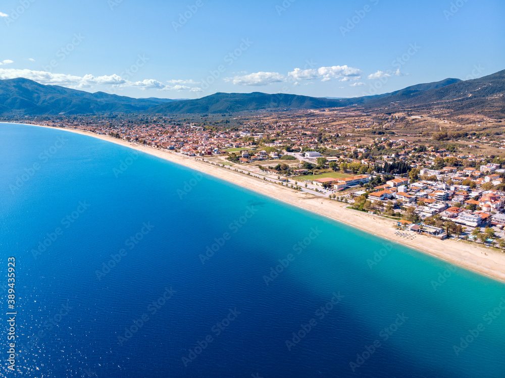Aerial drone panorama of Asprovalta city and blue sea in Halkidiki, Greece