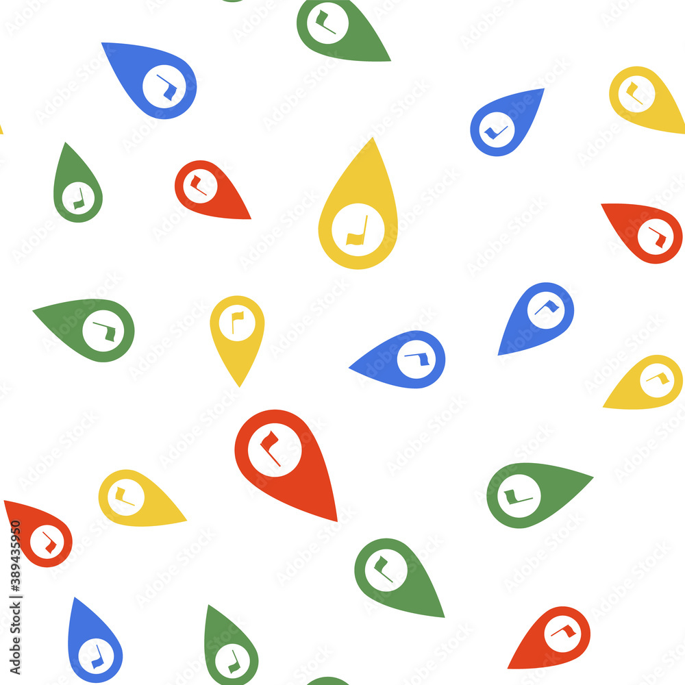 Color Map pointer with golf flag icon isolated seamless pattern on white background. Location marker symbol. Vector. Color Map pointer with golf flag icon isolated seamless pattern on white background. Location marker symbol. Vector.