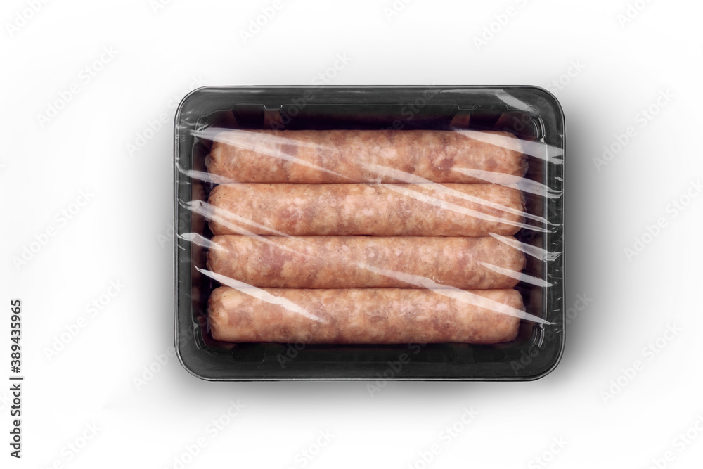 Sealable black plastic tray of fresh raw sausages isolated on white top-view. Packaging template mockup collection. With clipping Path included. Sealable black plastic tray of fresh raw sausages isolated on white top-view. Packaging template mockup collection. With clipping Path included.