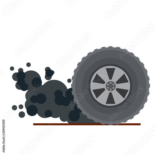 Tire of car. Speed and racing. Cartoon flat illustration. Gray smoke from wheel