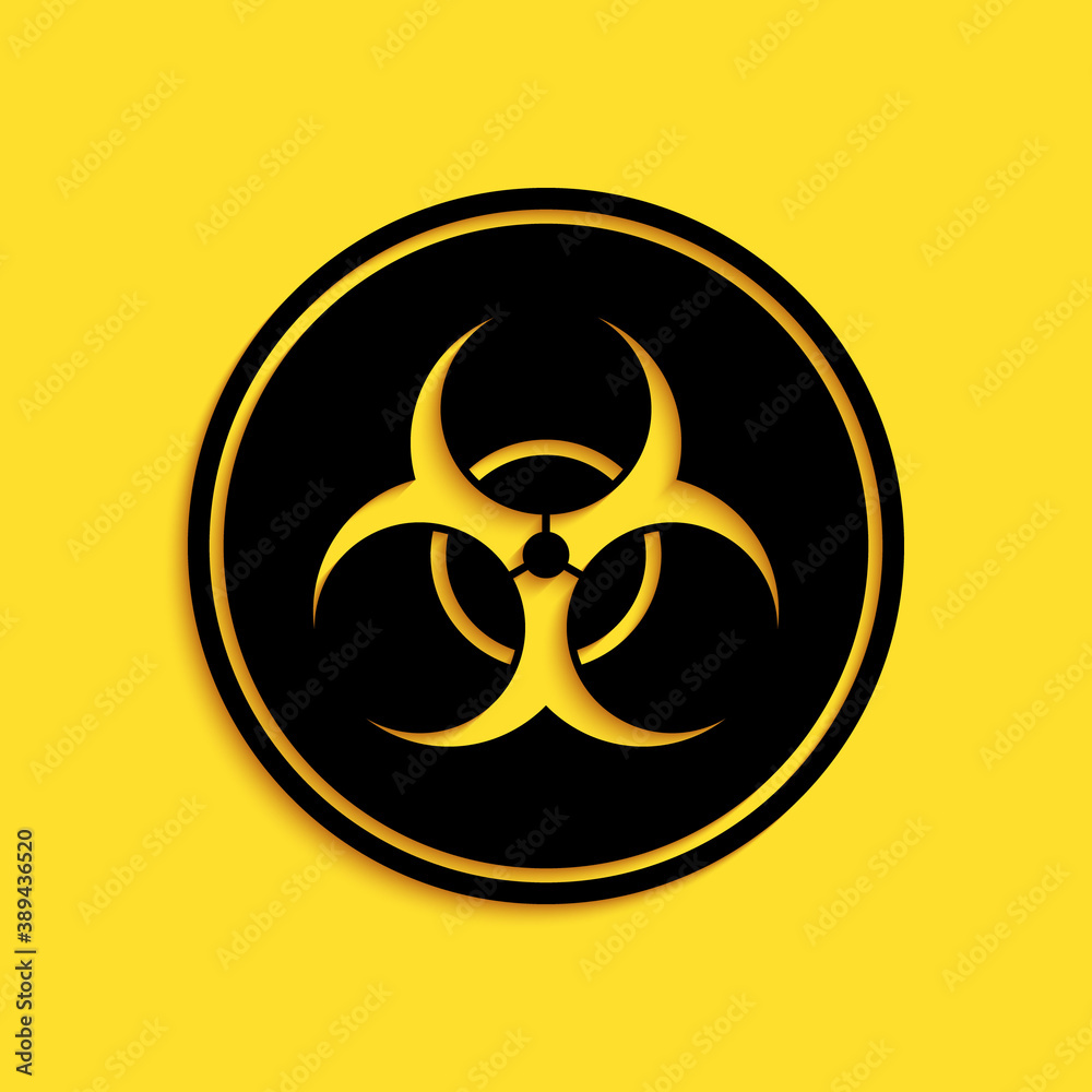 Black Biohazard symbol icon isolated on yellow background. Long shadow style. Vector. Black Biohazard symbol icon isolated on yellow background. Long shadow style. Vector.