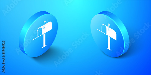 Isometric Open mail box icon isolated on blue background. Mailbox icon. Mail postbox on pole with flag. Blue circle button. Vector.