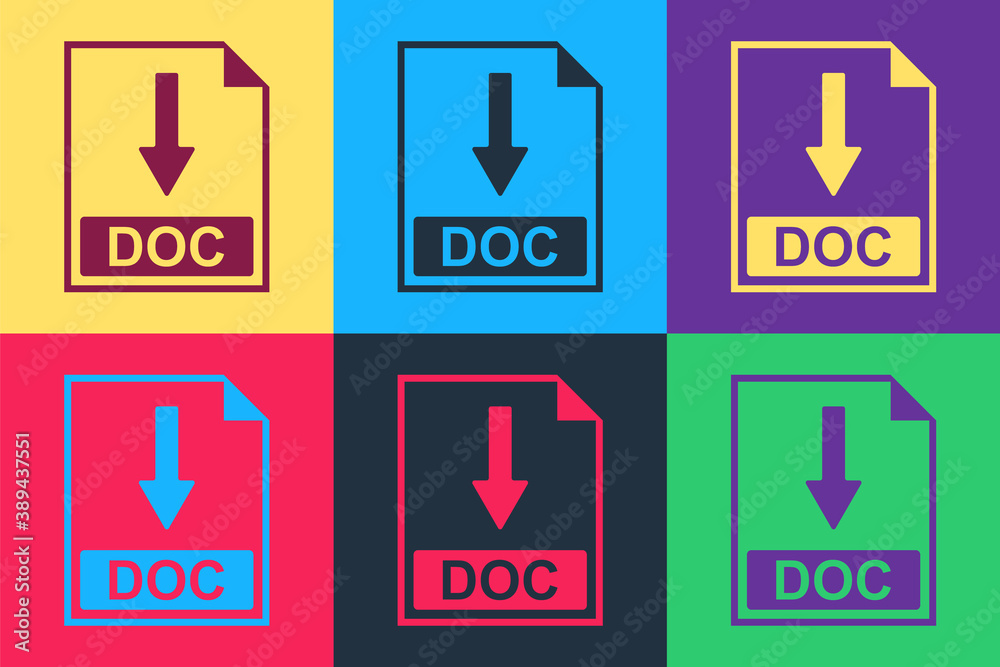 Pop art DOC file document icon. Download DOC button icon isolated on color background. Vector.