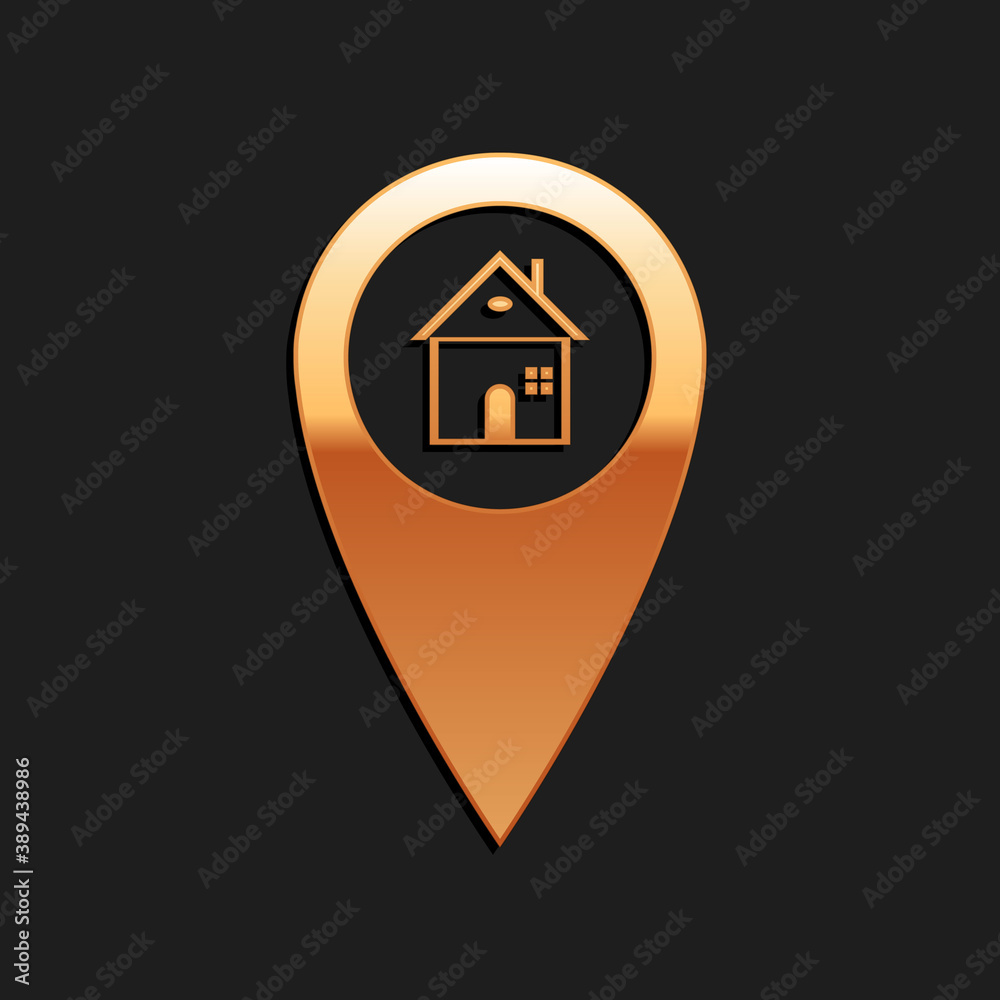 Gold Map pointer with house icon isolated on black background. Home location marker symbol. Long shadow style. Vector. Gold Map pointer with house icon isolated on black background. Home location marker symbol. Long shadow style. Vector.