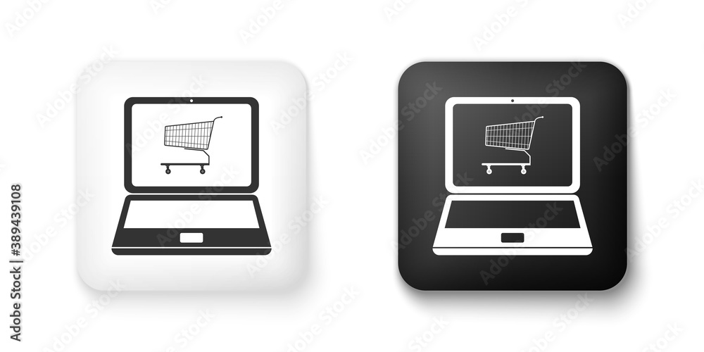 Black and white Online shopping concept. Shopping cart on screen laptop icon isolated on white background. Concept e-commerce, online business marketing. Square button. Vector.