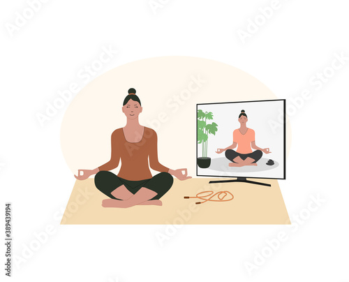 People stay at home. Women doing exercises and yoga with teacher, tutor, personal treiner on-line, learn how to do exercises, relax, during quarantine. Sport, leisure and hobby on isolation. 