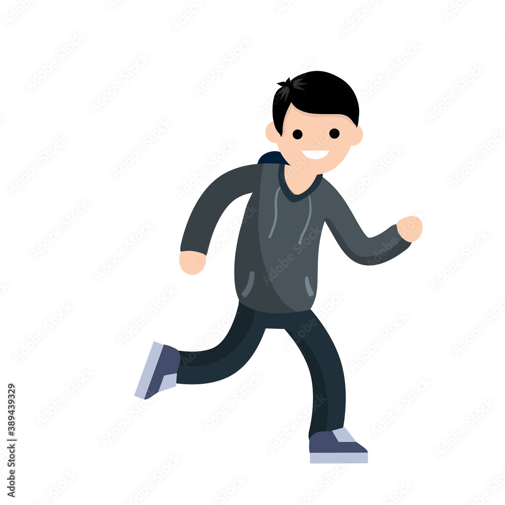 Young man in Hoodies. Running and sports. Active lifestyle. Movement and walking. Cartoon flat illustration. Young man in Hoodies. Running and sports. Active lifestyle. Movement and walking. Cartoon flat illustration.