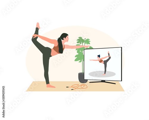 Quarantine, stay at home concept. Women doing exercises and yoga with teacher, tutor, personal trainer on-line, learn how to do exercises, relax, during quarantine. Sport, leisure and hobby 