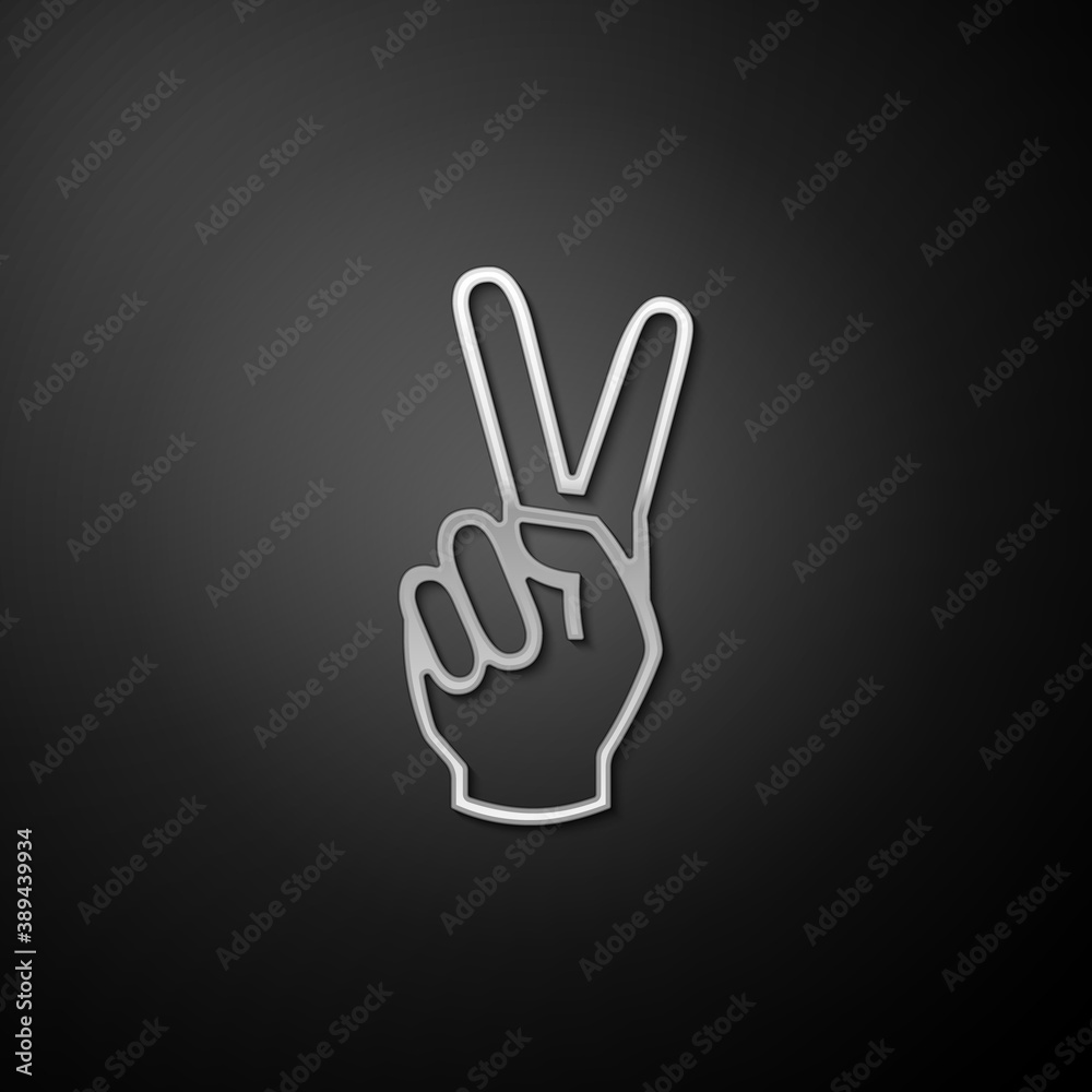 Silver Hand showing two finger icon isolated on black background. Victory hand sign. Long shadow style. Vector. Silver Hand showing two finger icon isolated on black background. Victory hand sign. Long shadow style. Vector.
