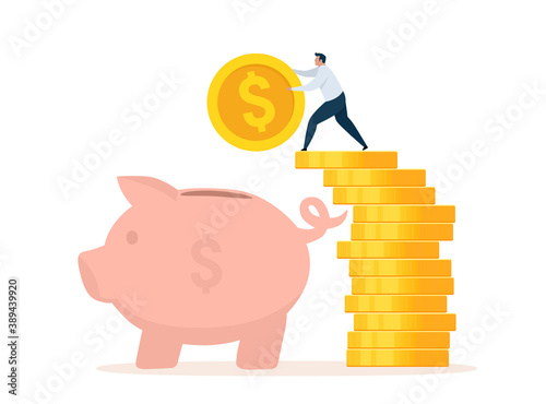 Financial and money saving concept. Piggy bank. Investment success and safe economical fund deposit strategy. Character putting coin in piggybank. Vector illustration isolated on white background.