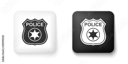 Black and white Police badge icon isolated on white background. Sheriff badge sign. Square button. Vector.