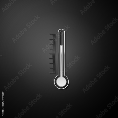Silver Thermometer icon isolated on black background. Long shadow style. Vector.