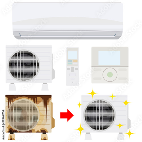 イラスト素材　エアコン　室外機　リモコン　錆び　修理　故障　交換　点検　ベクター