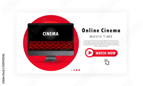 Online cinema banner. Watching movie on the computer. Stay home and watch films online concept. Vector on isolated white background. EPS 10
