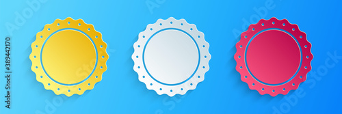 Paper cut Quality emblem icon isolated on blue background. Paper art style. Vector.