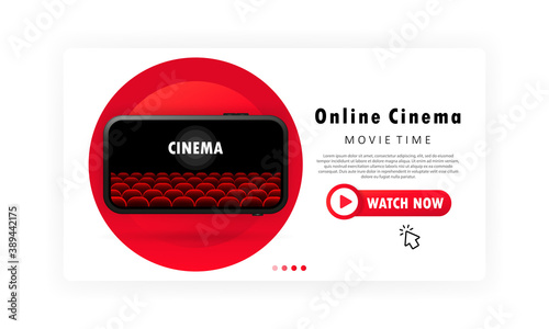 Movie time banner. Online cinema on phone. Vector on isolated white background. EPS 10
