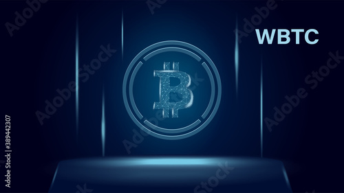 Wrapped Bitcoin WBTC token symbol of the DeFi system above the pedestal. Cryptocurrency logo icon. Decentralized finance programs. Vector illustration for website or banner.