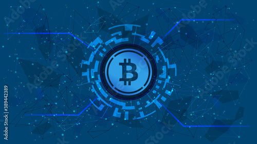 Wrapped Bitcoin WBTC token symbol of the DeFi project in a digital circle with a cryptocurrency theme on a blue background. Cryptocurrency icon. Decentralized finance programs. Copy space. Vector.