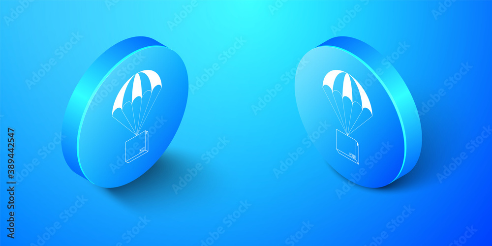 Isometric Box flying on parachute icon isolated on blue background. Parcel with parachute for shipping. Delivery service, air shipping concept, bonus. Blue circle button. Vector. Isometric Box flying on parachute icon isolated on blue background. Parcel with parachute for shipping. Delivery service, air shipping concept, bonus. Blue circle button. Vector.