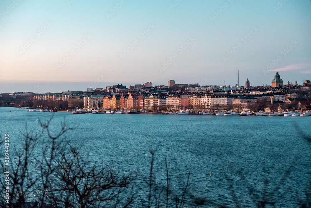 Scenic panorama of the Old Town of Stockholm architecture pier. Gamla Stan.
