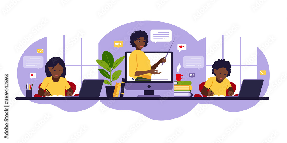Online learning concept. Online class. African teacher at chalkboard, video lesson. Distance study at school. Vector illustration. Flat style.