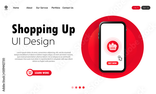 Shopping up banner. Online shopping on phone. Buy online pick up at store. UI design for websites. Vector on isolated white background. EPS 10