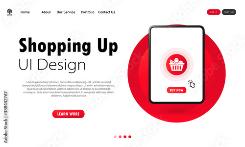 Shopping up on tablet banner. Online business. Online shopping during covid-2019 pandemic. Vector on isolated white background. EPS 10