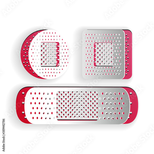 Paper cut Set Bandage plaster icon isolated on white background. Medical plaster, adhesive bandage, flexible fabric bandage. Paper art style. Vector.