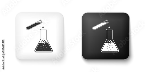 Black and white Test tube and flask - chemical laboratory test icon isolated on white background. Laboratory glassware sign. Square button. Vector.