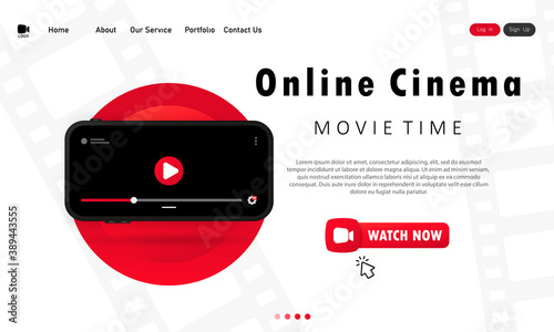 Online cinema banner. Movie time. Watching film at home on your phone. Vector on isolated white background. EPS 10