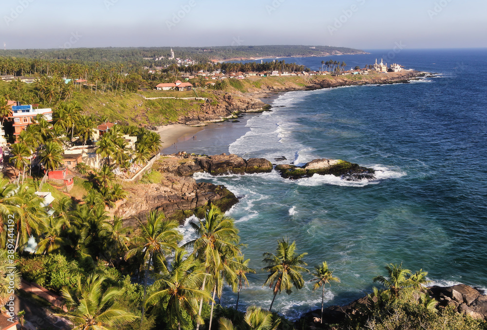 South India, the sea coast of Kerala (Malabar coast), a view from the lighthouse in Kovalam. Popular seaside resort town with sandy beaches. The coast of the Arabian Sea, the Indian Ocean.