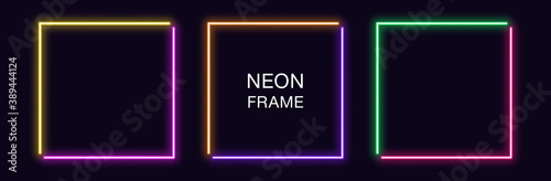 Neon square Frame. Set of quadrate neon Border in 2 angular parts. Geometric shape