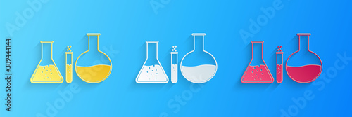 Paper cut Test tube and flask - chemical laboratory test icon isolated on blue background. Laboratory glassware sign. Paper art style. Vector.