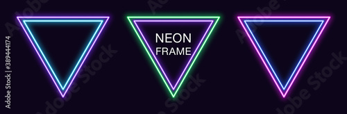 Neon triangle Frame. Set of triangular neon Border with double outline. Geometric shape