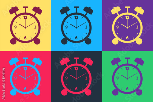 Pop art Alarm clock icon isolated on color background. Wake up, get up concept. Time sign. Vector.
